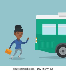 African-american business woman running for an outgoing bus. Young business woman chasing a bus. Latecomer business woman running to reach a bus. Vector cartoon illustration. Square layout.