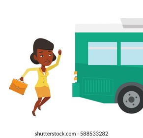 African-american business woman running for an outgoing bus. Business woman running to catch bus. Latecomer woman running to reach a bus. Vector flat design illustration isolated on white background.