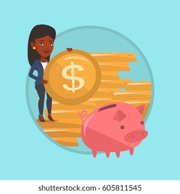 African-american business woman saving money in piggy bank. Business woman putting money in a piggy bank. Concept of saving money. Vector flat design illustration in the circle isolated on background.