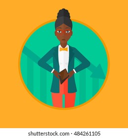 An african-american business woman showing her epmty purse on the background of decreasing chart. Concept of business bankruptcy. Vector flat design illustration in the circle isolated on background.