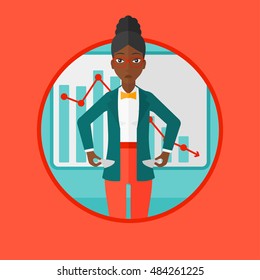An african-american business woman showing her epmty pockets on the background of decreasing chart. Concept of business bankruptcy. Vector flat design illustration in the circle isolated on background
