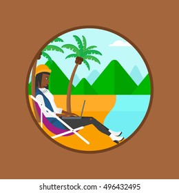 An african-american business woman sitting in chaise lounge and working on a laptop. Woman with laptop relaxing on the beach. Vector flat design illustration in the circle isolated on background.