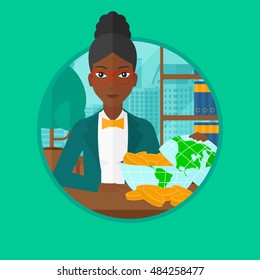 African-american business woman sitting in office with a globe model full of coins. Business woman looking at globe full of money. Vector flat design illustration in the circle isolated on background.