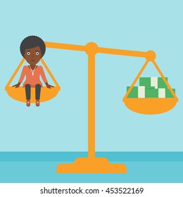 An african-american business woman sitting on a scale with stacks of money. Vector flat design illustration. Square layout.