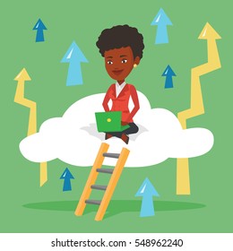 African-american business woman sitting on a cloud and working on her laptop. Business woman using cloud computing technology. Cloud computing concept. Vector flat design illustration. Square layout.