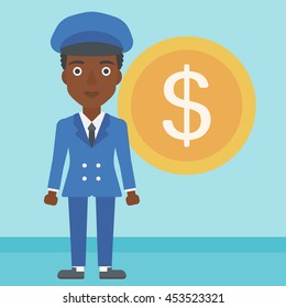An african-american business woman standing with a big dollar coin behind her. Successful business concept. Vector flat design illustration. Square layout.