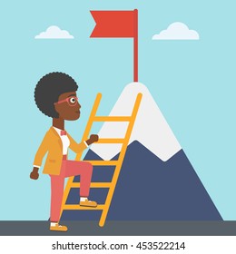 An african-american business woman standing with ladder near the mountain. Business woman climbing the mountain with a red flag on the top. Vector flat design illustration. Square layout.