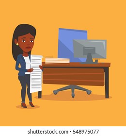 An african-american business woman standing with long bill in hands. Disappointed business woman holding long bill. Business woman looking at long bill. Vector flat design illustration. Square layout.