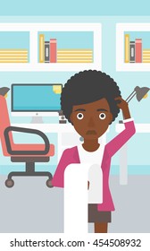 An african-american business woman standing in the office and holding a long bill. Concept of business bankruptcy. Vector flat design illustration. Vertical layout.