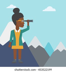 An african-american business woman standing on the top of mountain with spyglass. Business woman looking for business opportunities, success. Vector flat design illustration. Square layout.