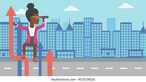 An african-american business woman standing on the top of arrow and looking through spyglass on the background of modern city. Vector flat design illustration. Horizontal layout.