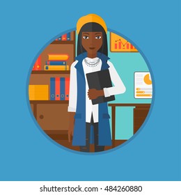 African-american business woman standing on the background of computer screen with charts. Woman giving business presentation. Vector flat design illustration in the circle isolated on background.