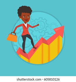 African-american business woman standing on profit chart. Business woman running along the profit chart. Business profit concept. Vector flat design illustration in the circle isolated on background.