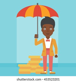 An african-american business woman standing in the rain and holding an umbrella over gold coins. Business insurance concept. Vector flat design illustration. Square layout.