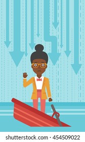 An african-american business woman standing in a sinking boat and asking for help. Concept of business bankruptcy. Vector flat design illustration. Vertical layout.