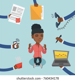 African-american business woman surrounded by many hands that give her a lot of work. Busy business woman trying to relax meditating in yoga lotus pose. Vector cartoon illustration. Square layout.