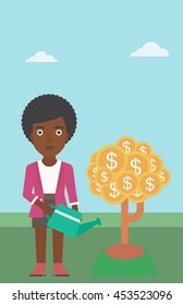 An african-american business woman watering a money tree. Successful business concept. Vector flat design illustration. Vertical layout.