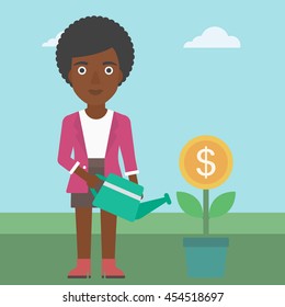 An african-american business woman watering a money flower. Successful business concept. Vector flat design illustration. Square layout.