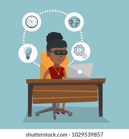 African-american business woman wearing virtual reality headset and working on a computer. Young business woman using virtual reality device in the office. Vector cartoon illustration. Square layout.