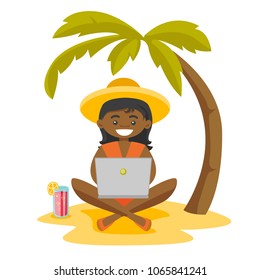 African-american business woman working on the beach. Young woman sitting on a sandy beach under palm tree and using a laptop on vacation. Vector cartoon illustration isolated on white background.