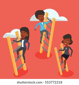 African-american business women climbing the ladders. Young competitive business women climbing on the cloud to success. Business competition concept. Vector flat design illustration. Square layout.