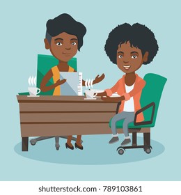 African-american business women sitting at the table and discussing business matters at meeting. Two women talking on business meeting and drinking coffee. Vector cartoon illustration. Square layout.