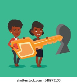 African-american business women standing in front of a keyhole with big key. Business team holding the key to success. Two business women carrying key. Vector flat design illustration. Square layout.