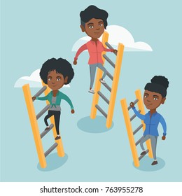 African-american business women using the ladders to climb the cloud. Business women climbing to success. Concept of success and competition in business. Vector cartoon illustration. Square layout.