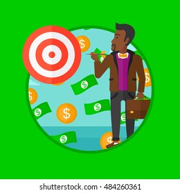 An african-american businessman aiming at a target board. Businessman standing under money rain. Concept of business success. Vector flat design illustration in the circle isolated on background.