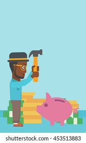 An african-american businessman breaking piggy bank on a blue background with stacks of coins. Concept of business bankruptcy. Vector flat design illustration. Vertical layout.