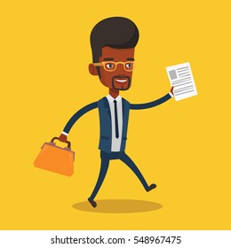 An african-american businessman with briefcase and a document running. Smiling businessman running in a hurry. Cheerful businessman running forward. Vector flat design illustration. Square layout.