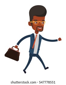 African-american businessman with briefcase in hand running. Smiling businessman running in a hurry. Cheerful businessman running forward. Vector flat design illustration isolated on white background.