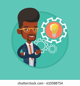 African-american businessman with business idea bulb. Young businessman having business idea. Concept of successful business idea. Vector flat design illustration in the circle isolated on background.