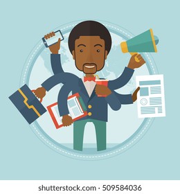 African-american businessman coping with multitasking. Businessman having skills of multitasking. Businessman doing multiple tasks. Vector flat design illustration in the circle isolated on background