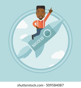 African-american businessman flying on business start up rocket and pointing forefinger up. Successful business start up concept. Vector flat design illustration in the circle isolated on background.