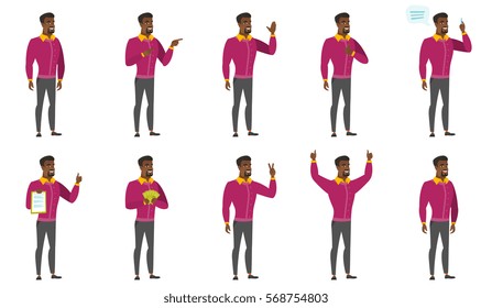 African-american businessman giving thumb up. Full length of smiling businessman with thumb up. Happy businessman showing thumb up. Set of vector flat design illustrations isolated on white background