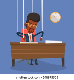 African-american businessman hanging on strings like a marionette. Businessman marionette on ropes sitting in office. Emotionless marionette man working. Vector flat design illustration. Square layout