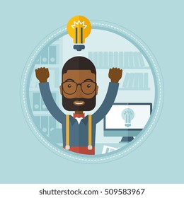 African-american businessman having a business idea. Man got a business idea. Man with idea bulb above head. Business idea concept. Vector flat design illustration in the circle isolated on background
