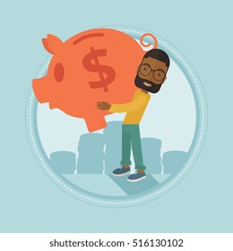 An african-american businessman holding a big piggy bank on the background of coins. Businessman saving money in a piggy bank. Vector flat design illustration in the circle isolated on background.