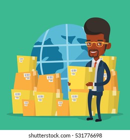 African-american businessman holding box on the background of world map. Man working in international delivery service. International delivery concept. Vector flat design illustration. Square layout.