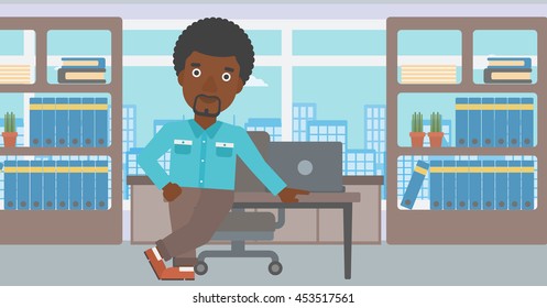 An african-american businessman leaning on a table in the office. Young smiling businessman standing in the office. Vector flat design illustration. Horizontal layout.