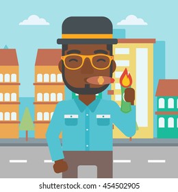 An african-american businessman lighting a cigar with dollar bill. A successful businessman smoking a cigar on the background of modern city. Vector flat design illustration. Square layout.
