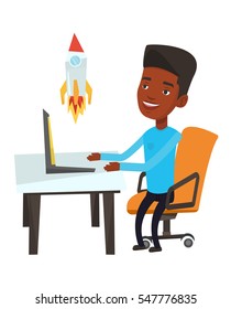 African-american businessman looking at business start up rocket. Businessman working on business start up. Business start up concept. Vector flat design illustration isolated on white background.