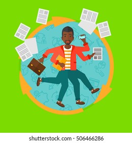 An african-american businessman with many legs and hands holding papers, briefcase, phone. Multitasking and productivity concept. Vector flat design illustration in the circle isolated on background.