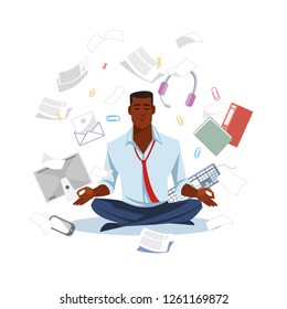 African-American Businessman or Office Worker, Sitting in Lotus Pose, Meditating and Taking Break in Paperwork Chaos Flat Vector Illustration Isolated In White Background. Keeping Balance in Work