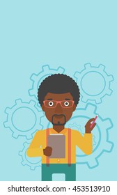 An african-american businessman with a pencil and a clipboard in hands standing on a blue background with cogwheels. Vector flat design illustration. Vertical layout.