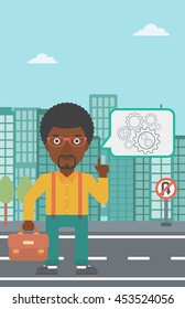 An african-american businessman pointing his forefinger at cogwheels on a city background. Vector flat design illustration. Vertical layout.