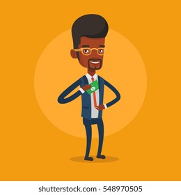 An african-american businessman putting money bribe in his pocket. Businessman hiding money bribe in jacket pocket. Bribery and corruption concept. Vector flat design illustration. Square layout.