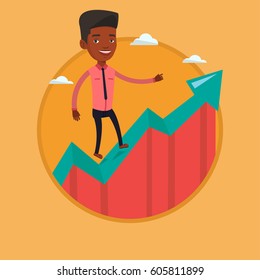 African-american businessman running along the growth graph. Happy businessman standing on growth graph. Business growth concept. Vector flat design illustration in the circle isolated on background.