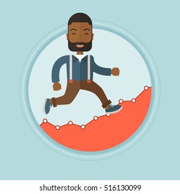 African-american businessman running on profit chart. Cheerful businessman walking along the profit chart. Business profit concept. Vector flat design illustration in the circle isolated on background